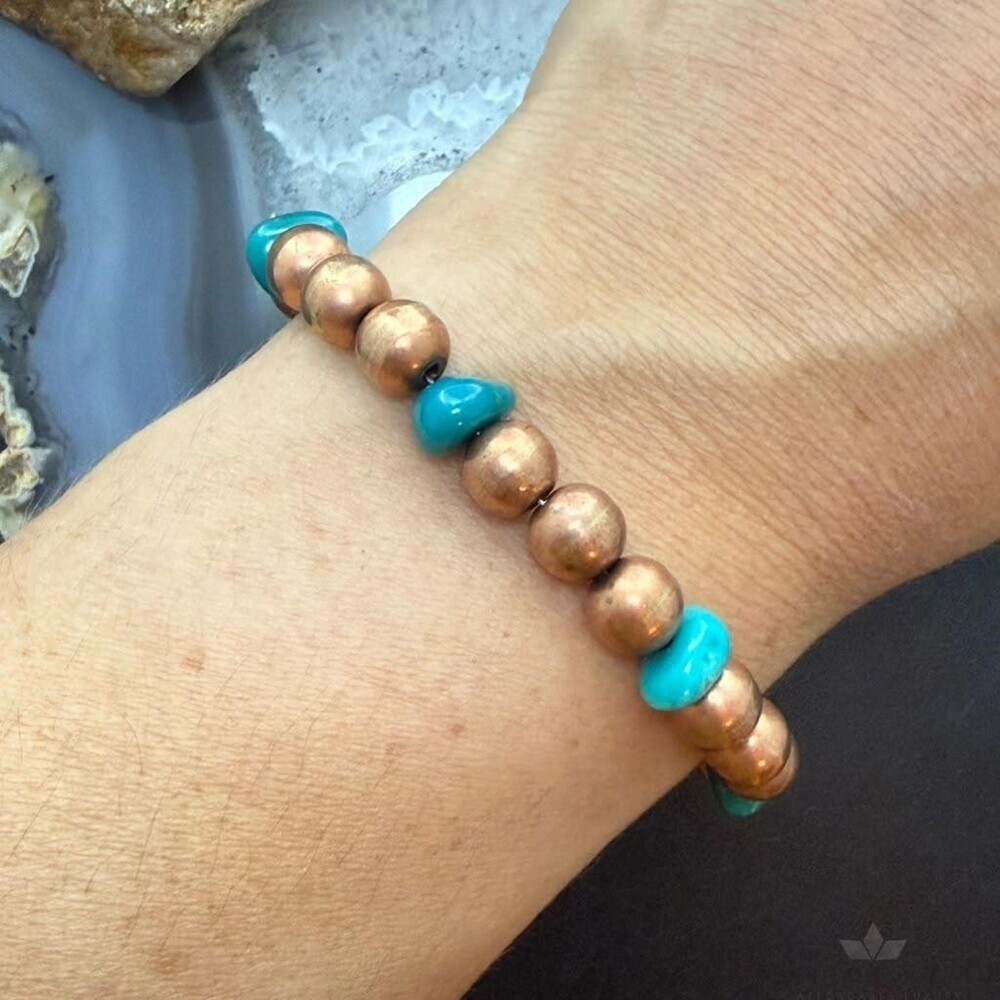 Copper 7.5mm Pearl Beads & Turquoise 6.25" Bracelet For Women